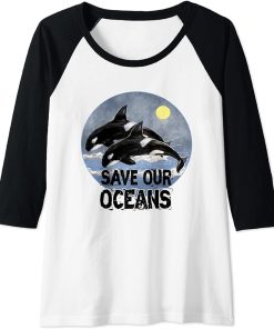 Womens Save Our Oceans Orca Killer Whale Art Retro Style Climate Raglan Baseball Tee