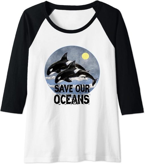 Womens Save Our Oceans Orca Killer Whale Art Retro Style Climate Raglan Baseball Tee