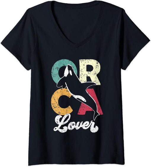 Womens Lover of Orca Vintage Retro, Killer Whale Gift Orcas V-Neck T-Shirt