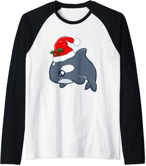 Xmas Kawaii Orca Cute Christmas Animal Santa"s Hat Raglan Baseball Tee