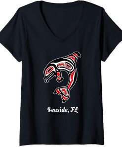 Womens Native American Seaside Florida Red Orca Killer Whale V-Neck T-Shirt