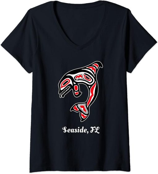 Womens Native American Seaside Florida Red Orca Killer Whale V-Neck T-Shirt