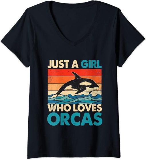 Womens Just A Girl Who Loves Orcas Orcas Lover Nature Wildlife V-Neck T-Shirt