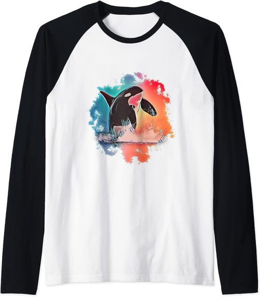 Orca Motif Whale Ocean Predator Design Orcas Raglan Baseball Tee